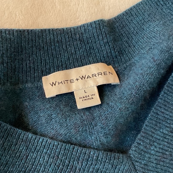 White + Warren V Neck cashmere Sweater, Large, petrol blue - Picture 5 of 5